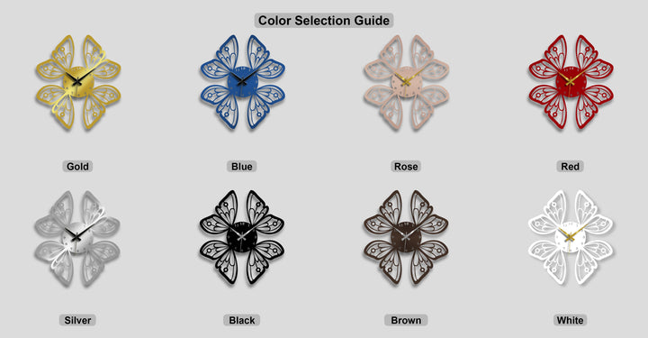 A grid displays eight elegant butterfly wings metal artwork wall clocks in gold, blue, rose, red, silver, black, brown, and white decorative designs.