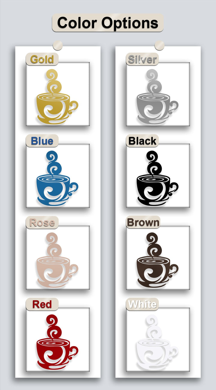 The visual rhythm of eight distinct decorative metal art coffee cup silhouettes, each with elegant swirling steam, creates an engaging array of color options.