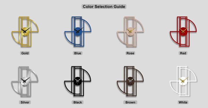 A comprehensive selection of modern metal artwork colors highlights geometric frame wall clocks in various hues.