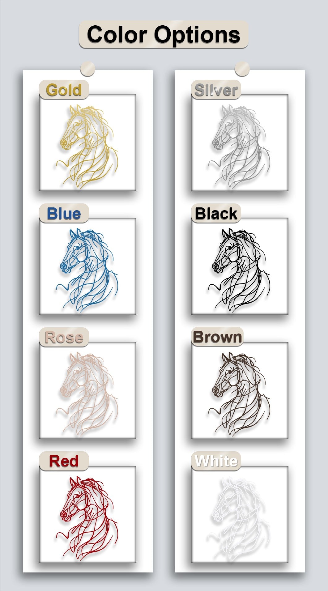 Clearly defined edges and subtle borders frame each graceful abstract horse line unique metal wall art option within its display box.