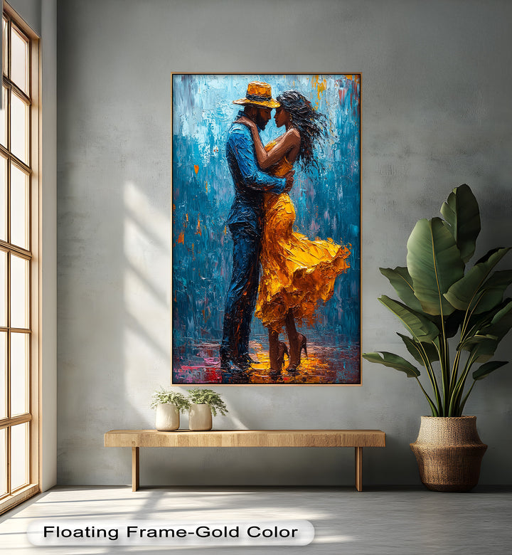Golden Rhythm – Passionate Dance in the Rain Love Oil Painting