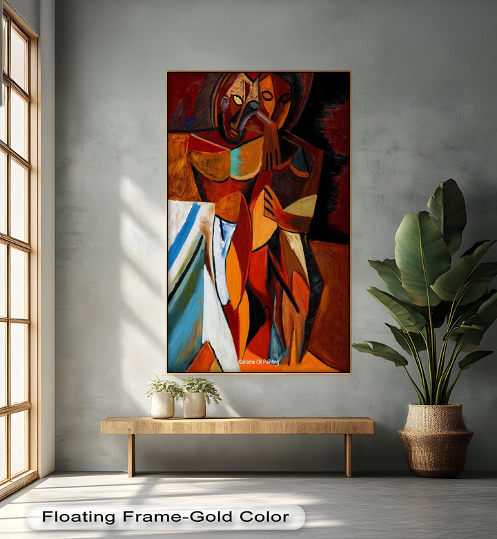 A dramatic and symbolic cubist portrait of two figures in an embrace, blending sharp angles with earthy, passionate color tones.