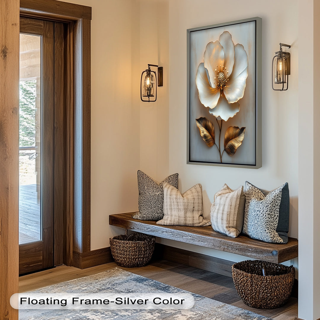 Golden Glow Bloom – White and Gold Flower Oil Painting