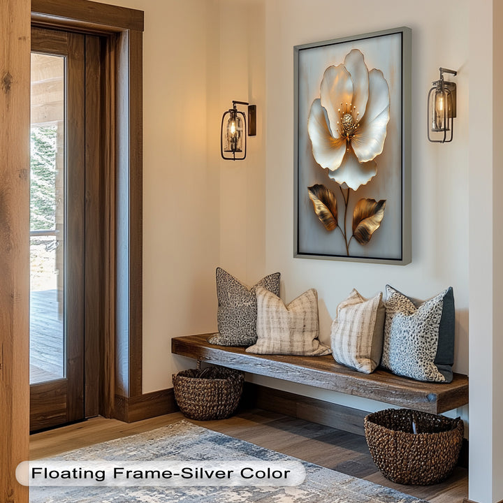 Golden Glow Bloom – White and Gold Flower Oil Painting