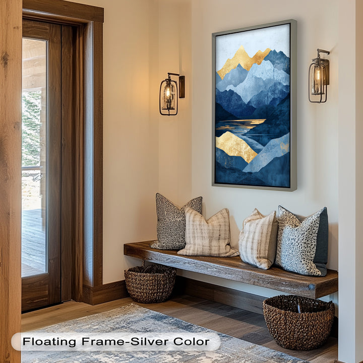 Golden Horizon – Abstract Blue Mountain Landscape Oil Painting