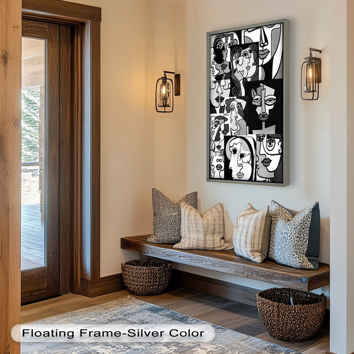 Monochrome Muse – Picasso-inspiriertes Ölgemälde mit kubistischen Gesichtern