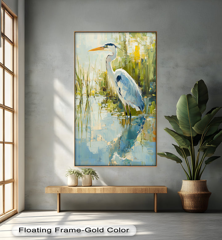 Heron Amid Textured Reflections - Animal Oil Painting