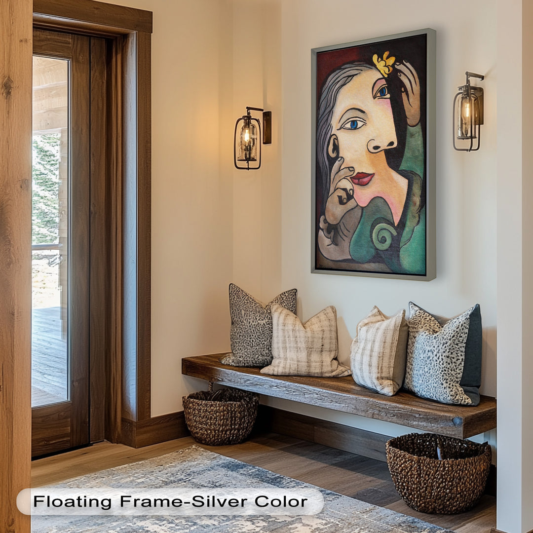 Whimsical Bloom – Surreale Frau mit gelber Blume Picasso Ölgemälde