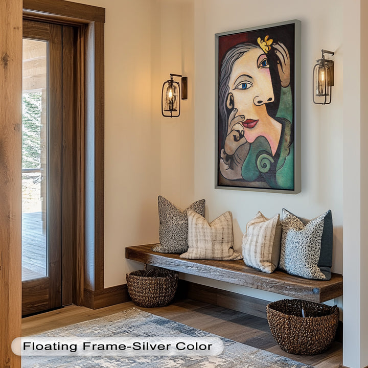 Whimsical Bloom – Surreale Frau mit gelber Blume Picasso Ölgemälde