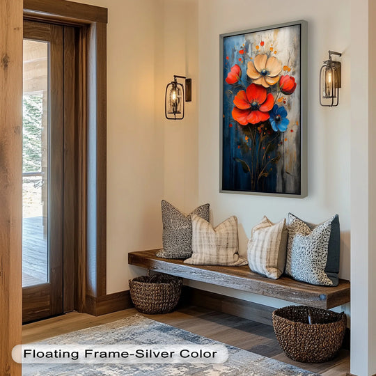 Warm and cool tones contrast in this bold poppy bouquet flower oil painting wall art, creating a vibrant color temperature shift on the canvas.