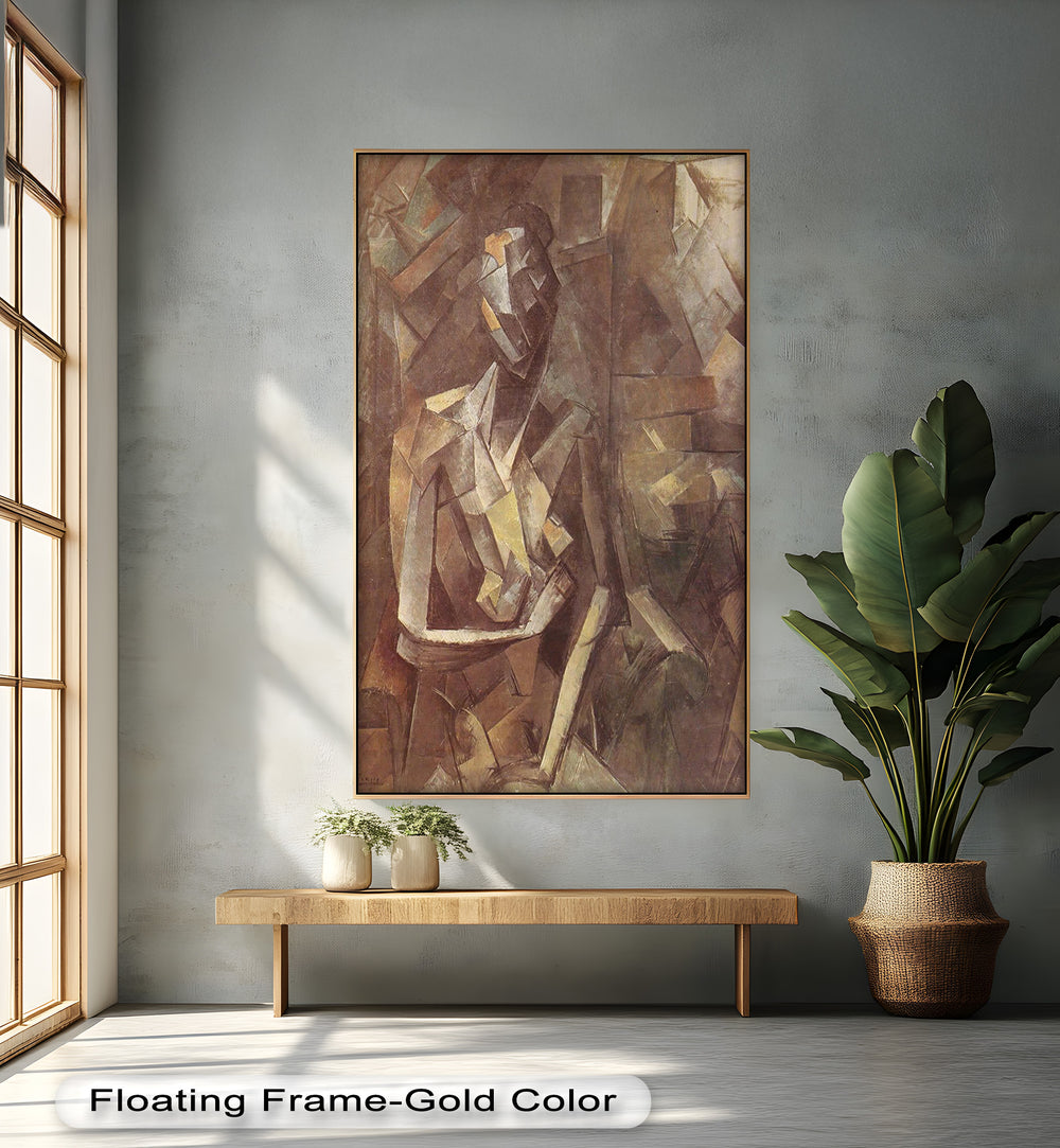 An abstract human form rendered in faceted planes of brown, beige, and muted ochre, evoking depth and contemplation.