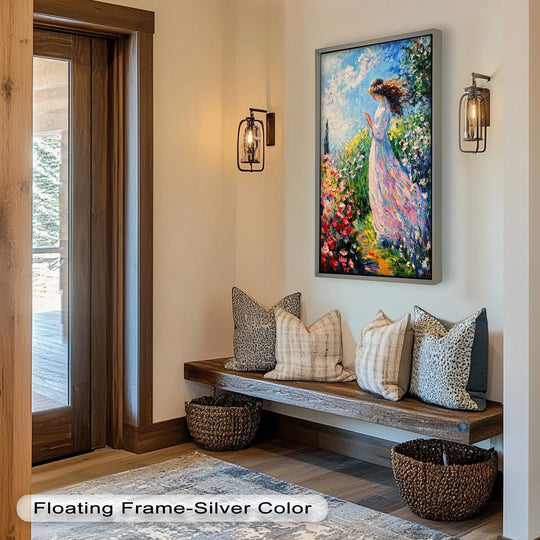 Evoking modern oil painting art, the impressionist oil painting captures the abstract quality of a woman amid wildflowers, a vibrant explosion of color and texture.