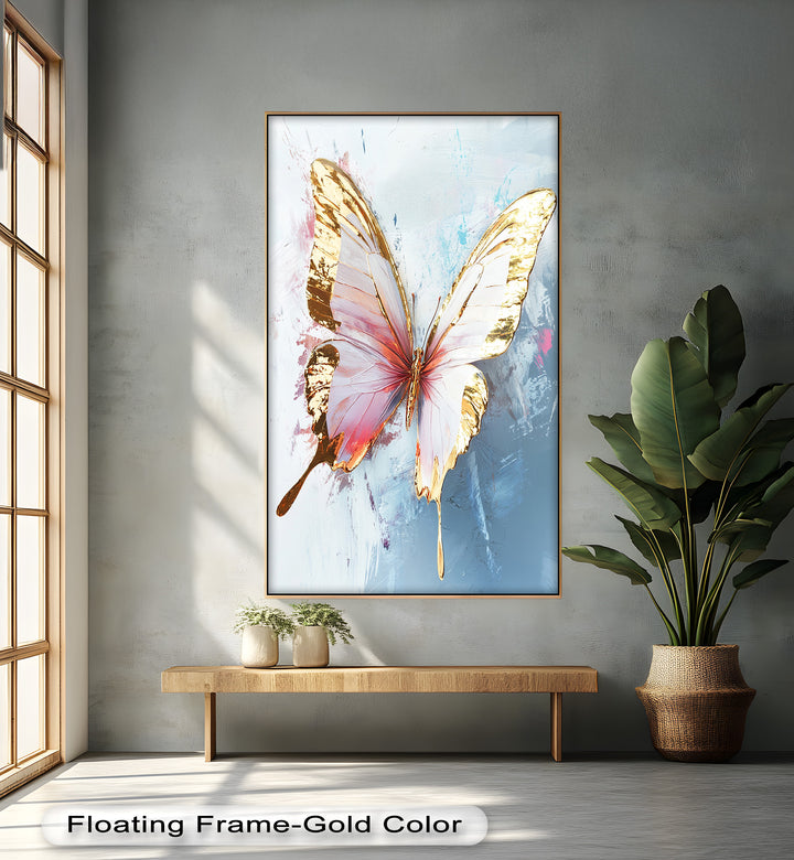 Gold und Blush Schmetterling in Bewegung - Tier Ölgemälde
