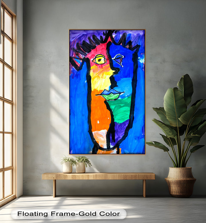 An energetic, Picasso-inspired face illustration using bold hues and contrasting shapes to create emotional depth.