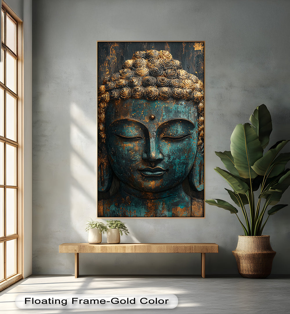 A textured close-up of Buddha’s calm face in deep teal and gold tones, reflecting ancient wisdom and tranquility.