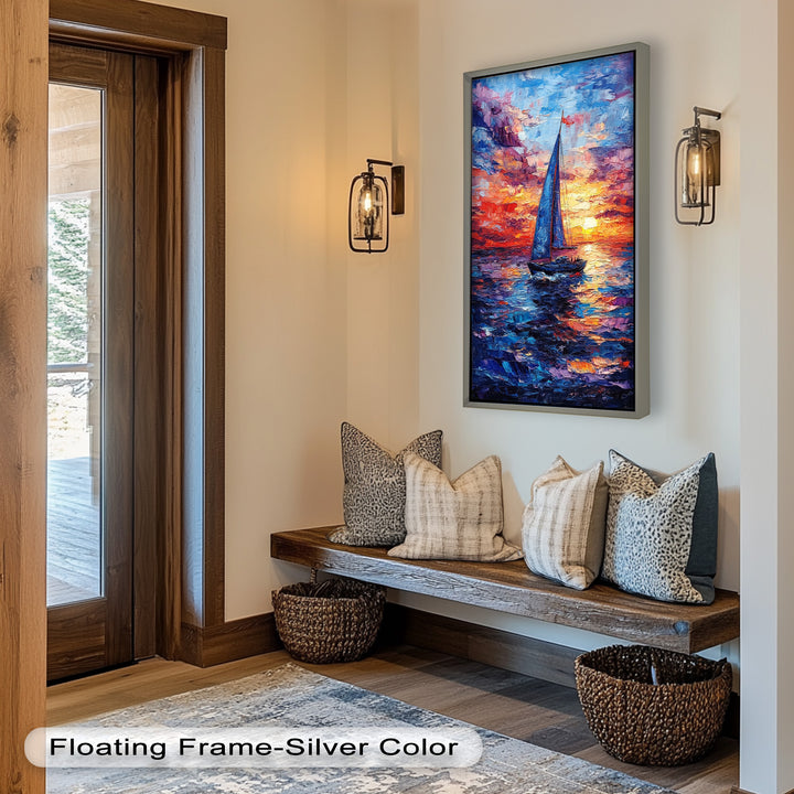 Crimson Horizon – Sunset Voyage Boat Oil Painting