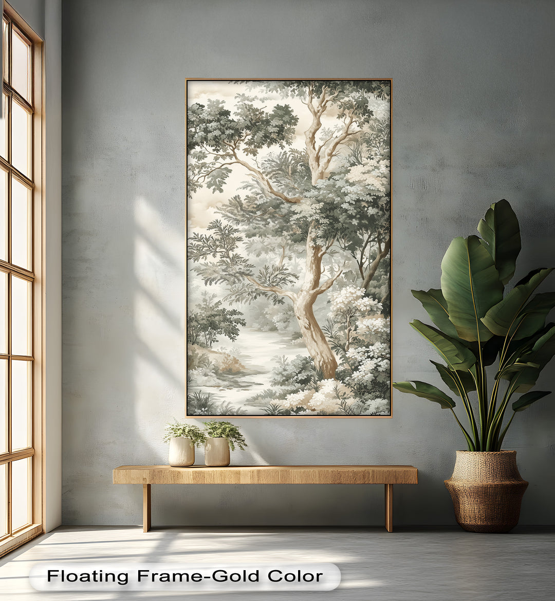 This vintage-style landscape artwork features a graceful tree towering above a peaceful forest path, rendered in soft, muted tones for a timeless effect.