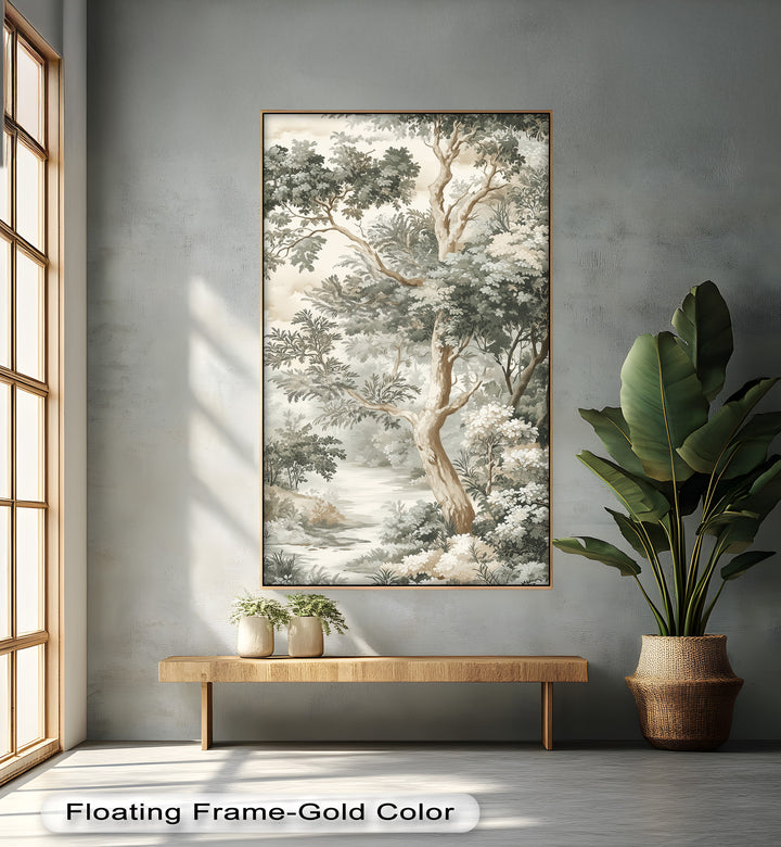 This vintage-style landscape artwork features a graceful tree towering above a peaceful forest path, rendered in soft, muted tones for a timeless effect.