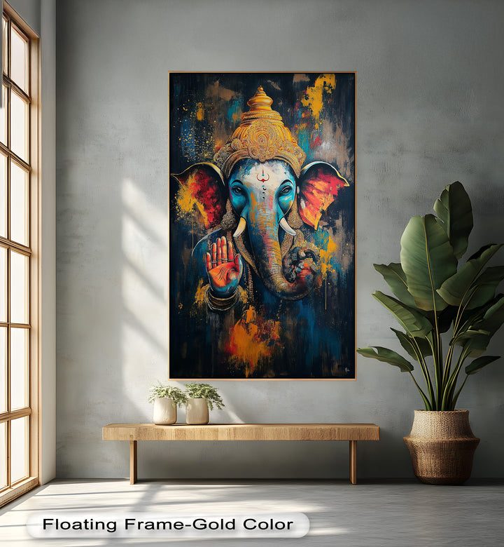 A divine portrait of Lord Ganesha, rich in symbolism and color, with radiant textures that blend tradition and contemporary art.
