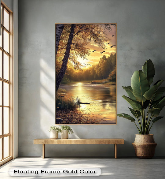 Warm color temperature radiates from this autumn river landscape oil painting, filling the scene with a golden sunset glow, enhancing this beautiful oil painting home decor.