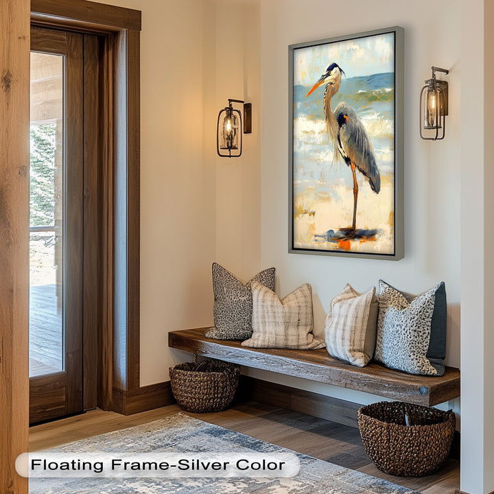 Elegant Heron Standing on Shoreline – Framed Oil Painting