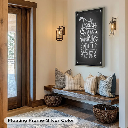 Black is the dominant color in this chalkboard style oil painting artwork, featuring the phrase 'Together Is Our Favorite Place.'