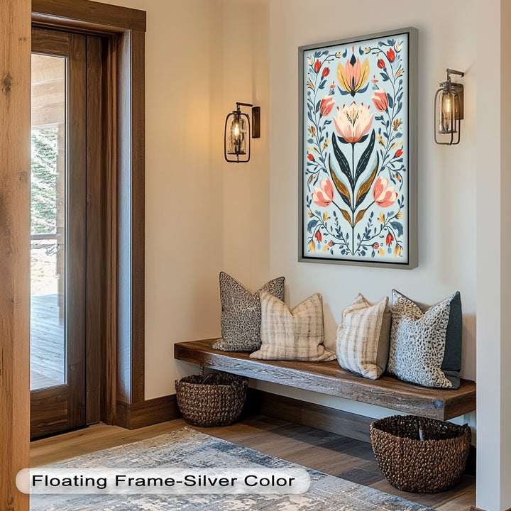 Folk-inspirierte Tulpenharmonie – Boho-Blumenölgemälde