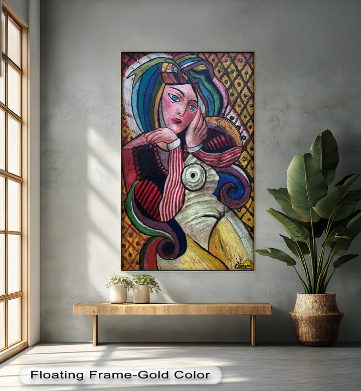 Bunte Muse – Lebendiges Porträt im Ölgemälde-Stil von Picasso