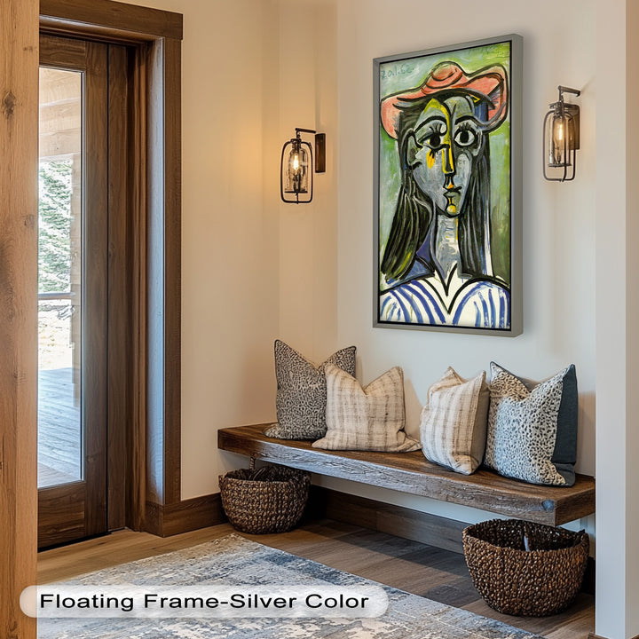 Striped Muse in Pink Hat – Picasso Oil Painting