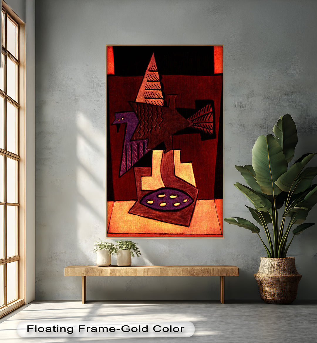 A stylized abstract painting of a bird in geometric shapes, with rich tones of burgundy, purple, and deep orange.