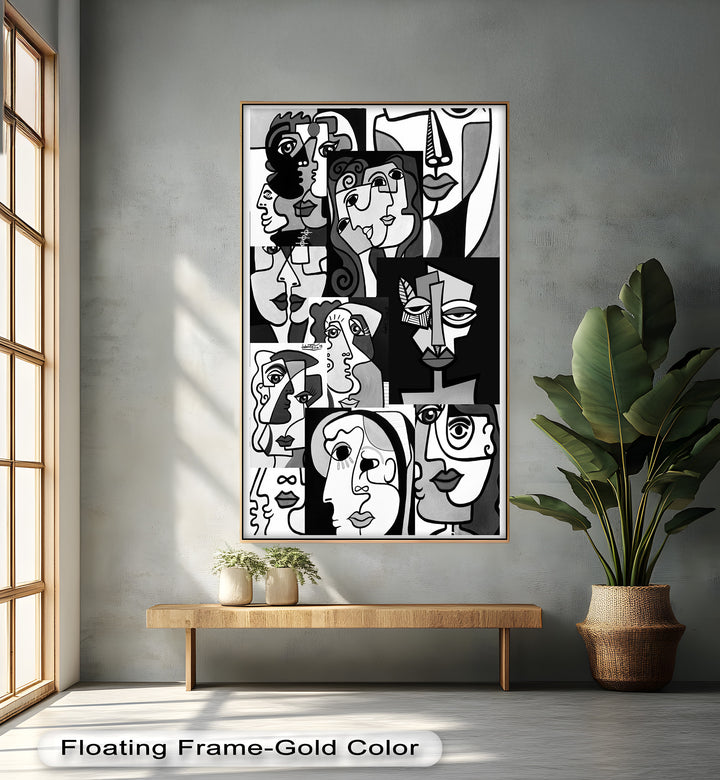 Monochrome Whispers – Collage of Cubist Faces Abstract Oil Painting