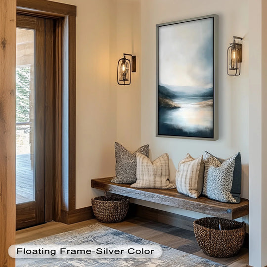 Soft reflections on the still lake capture the eye in this framed misty mountain lake landscape oil painting wall art.