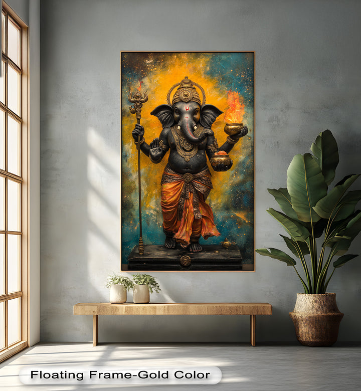 A richly detailed image of Ganesha with vivid colors, representing protection, knowledge, and sacred fire.