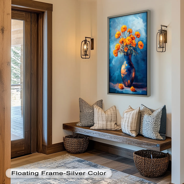Golden Marigolds in Midnight Blue – Flower Oil Painting