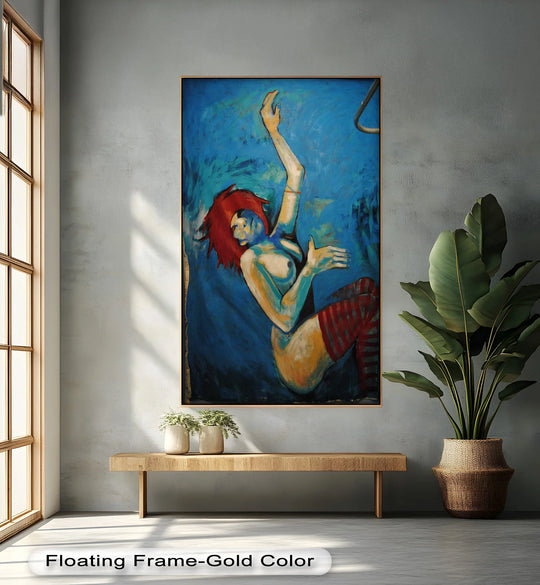 Vibrant color contrast defines this striking oil painting home decor, showcasing a surreal, red-haired nude figure enveloped in dramatic blue shadows.
