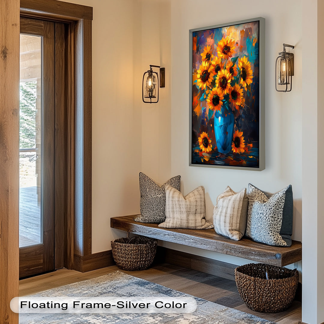Sunlit Joy – Bold Sunflowers in Blue Vase Oil Painting