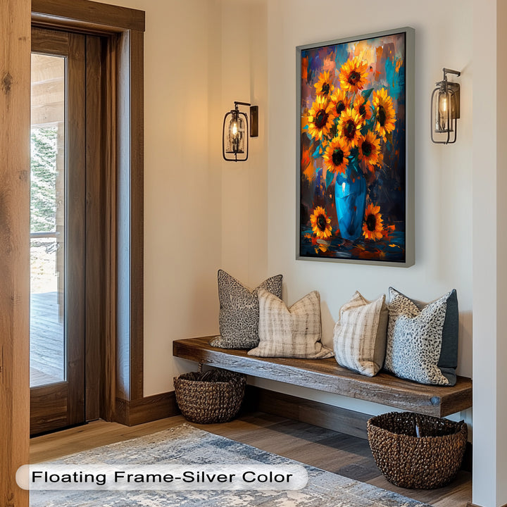 Sunlit Joy – Bold Sunflowers in Blue Vase Oil Painting