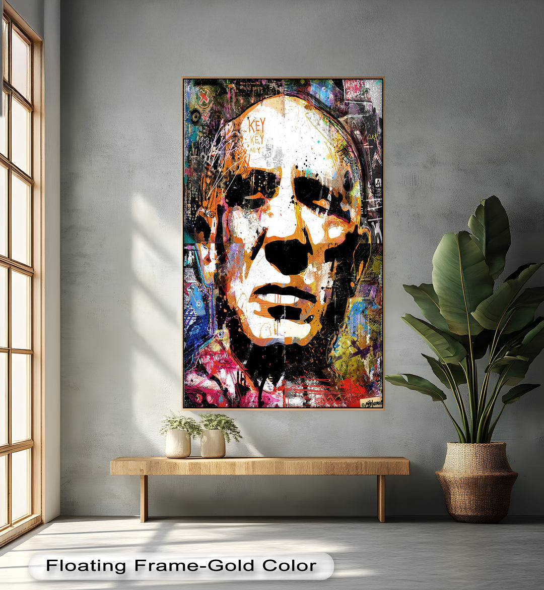 A contemporary graffiti collage showcasing a powerful male visage with fragmented textures, urban symbols, and rebellious energy.