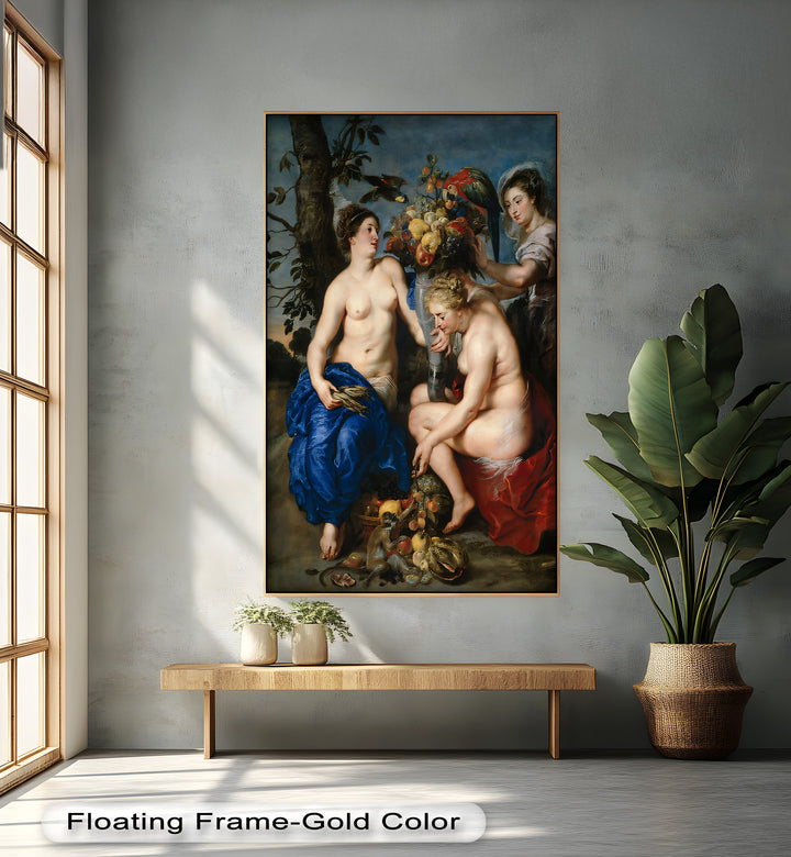 Bountiful Companions – Renaissance Oil Painting of Fruit and Femininity