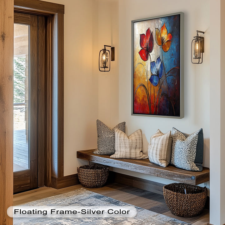 Eternal Bloom – Red, Yellow, and Blue Floral Oil Painting