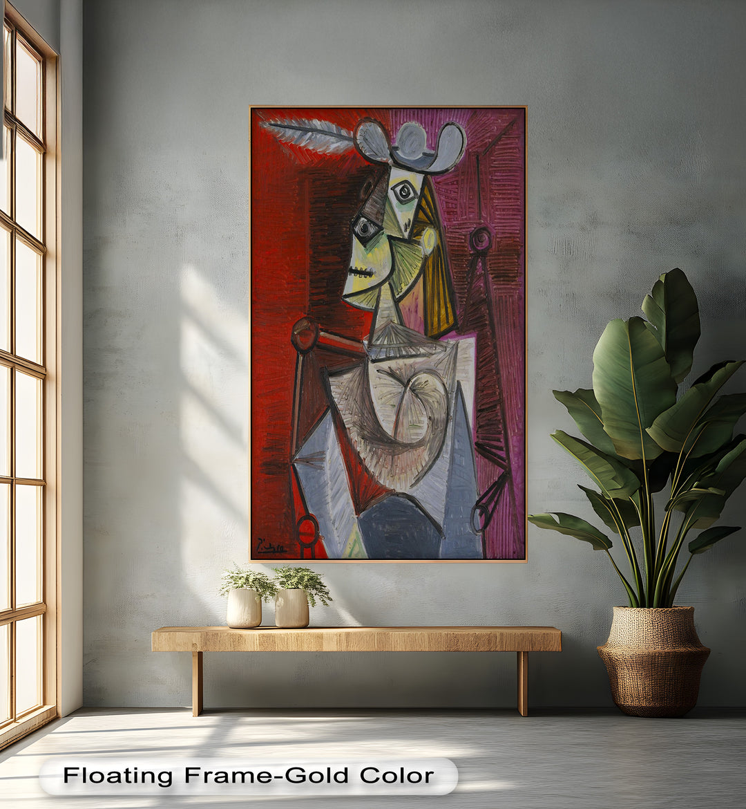 Bold in Crimson – Woman with Feather Hat Abstract Oil Painting