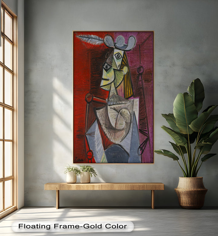 Bold in Crimson – Woman with Feather Hat Abstract Oil Painting