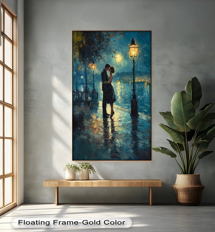 Moonlit Embrace – Lovers by the Lamplight Love Oil Painting