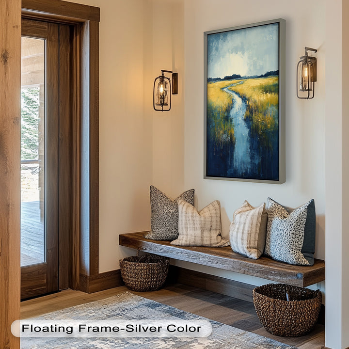 Golden Fields and Blue Stream – Contemporary Landscape Oil Painting