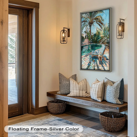 Dominated by lush greens and blues, this poolside palm tree escape oil painting wall art captures a tropical scene with vibrant, summery colors.