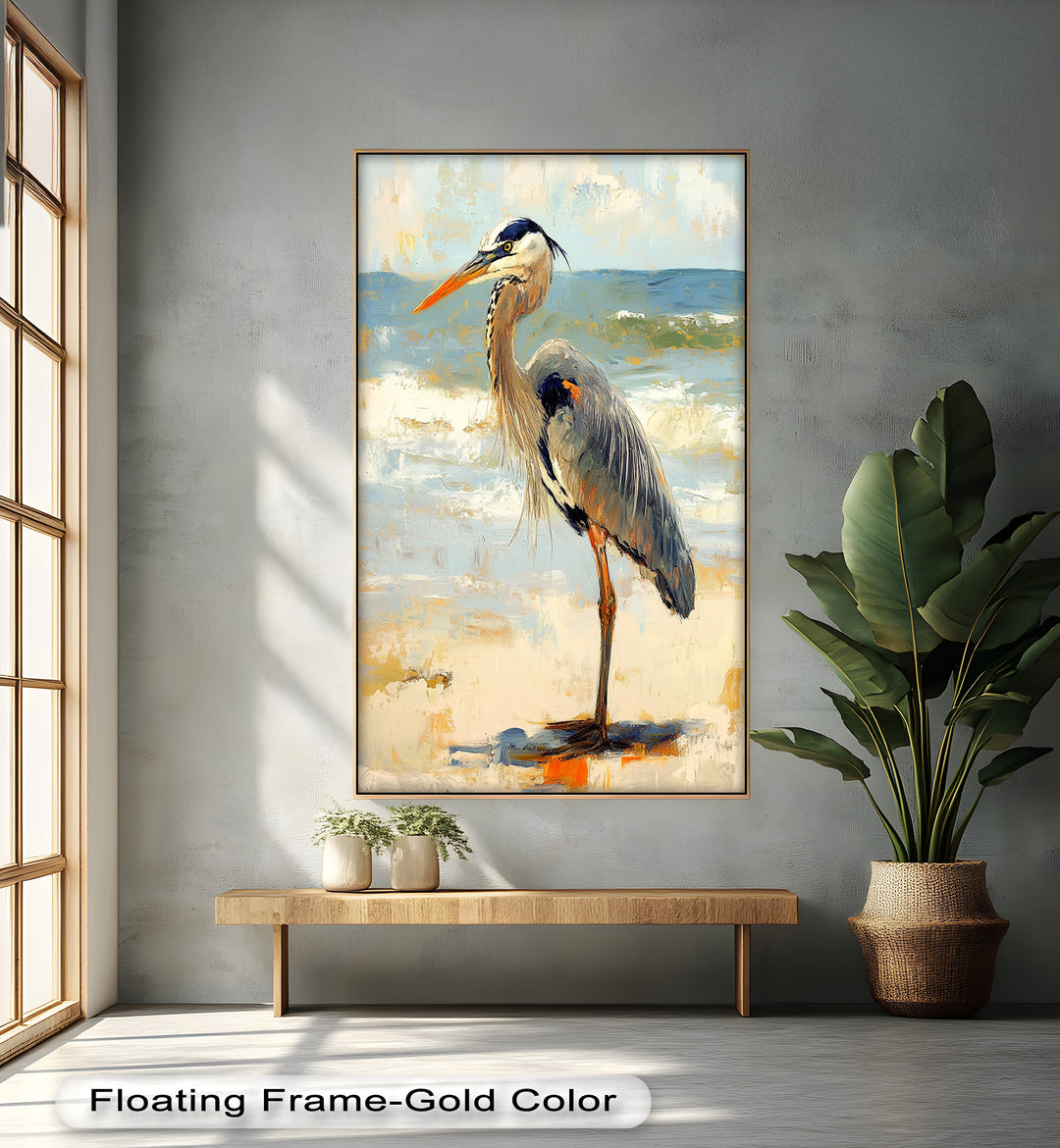 Coastal Heron with Ocean Breeze - Modern Oil Painting