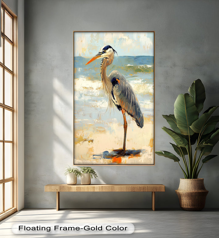 Coastal Heron with Ocean Breeze - Modern Oil Painting