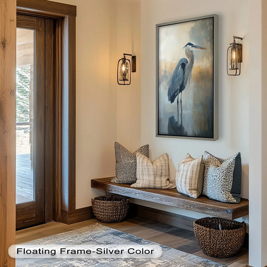 Softly lit background enhances the heron in misty marshland oil painting artwork, complementing the cool tones and natural elegance of the scene.