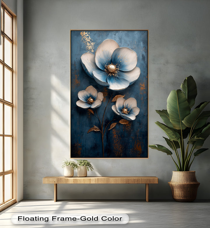 Deep Blue and Metallic Floral Elegance - Flower Oil Painting