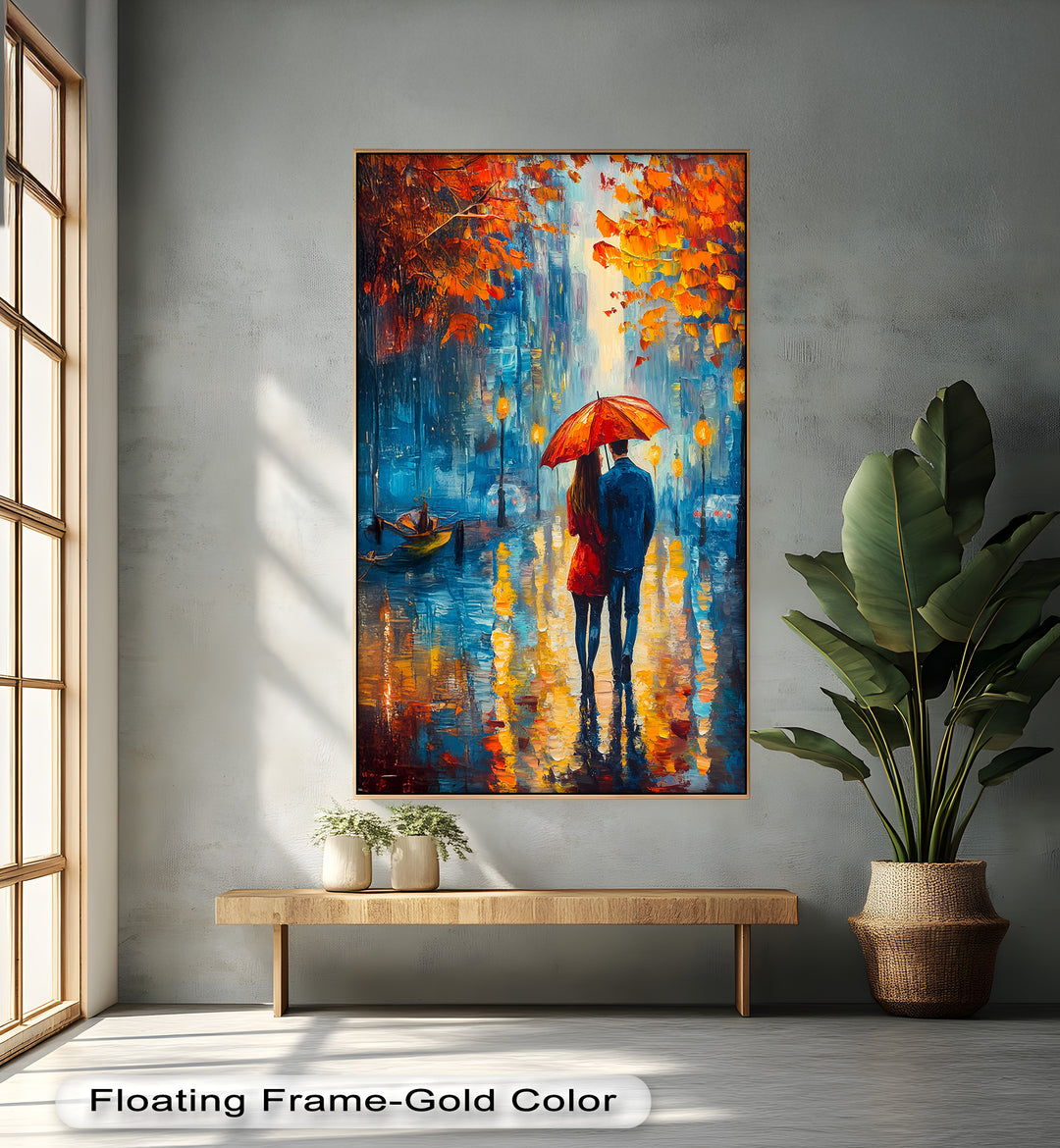 Romantic Couple Strolling Under Red Umbrella - Love Oil Painting